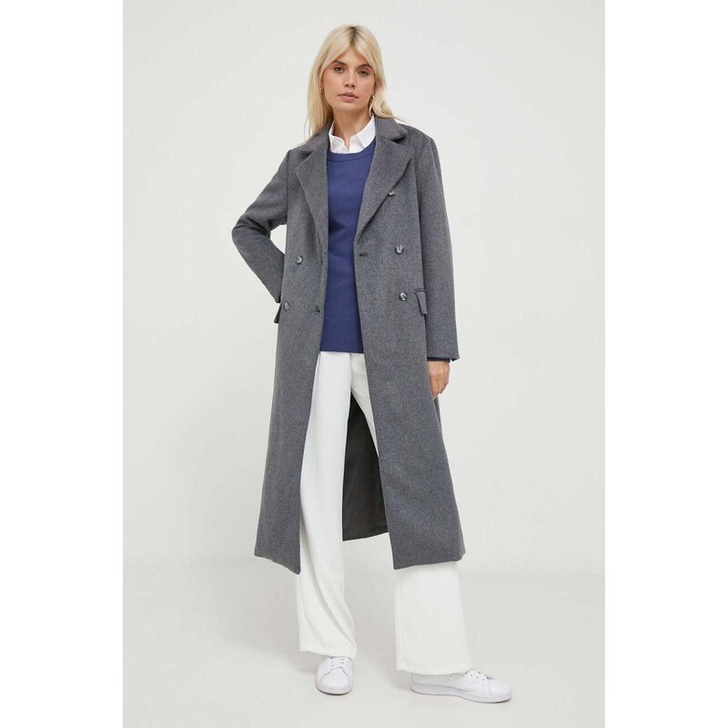 Vlněný kabát Pepe Jeans Madison šedá barva, přechodný, dvouřadový
