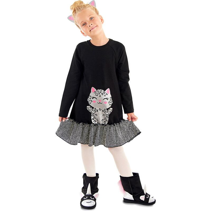 Denokids Silver Leopard Girl Black Dress