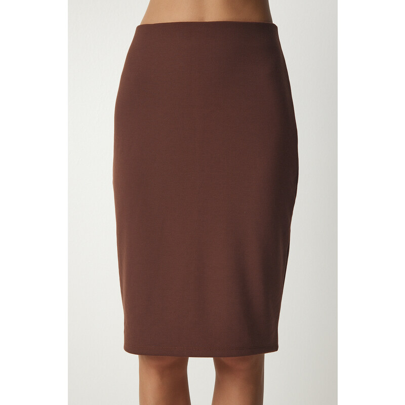 Happiness İstanbul Women's Brown Slit Steel Knitted Skirt