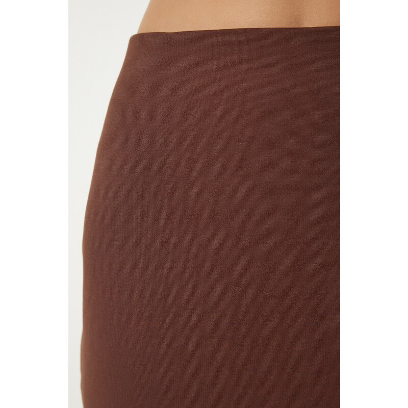 Happiness İstanbul Women's Brown Slit Steel Knitted Skirt