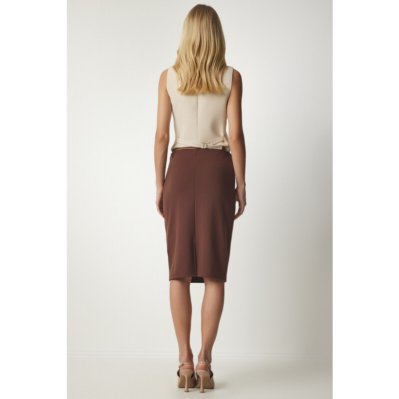 Happiness İstanbul Women's Brown Slit Steel Knitted Skirt