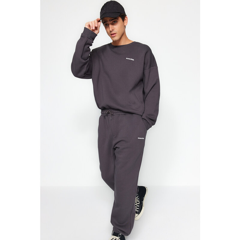 Trendyol Anthracite Men's Tracksuit Set Oversize/Wide Cut Text Printed with Fleece Inside