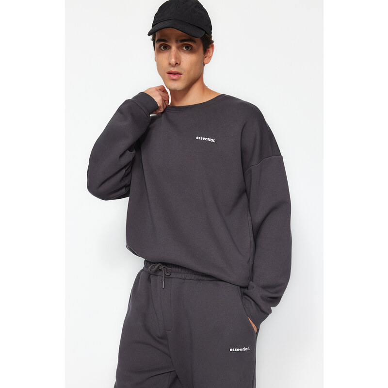 Trendyol Anthracite Men's Tracksuit Set Oversize/Wide Cut Text Printed with Fleece Inside