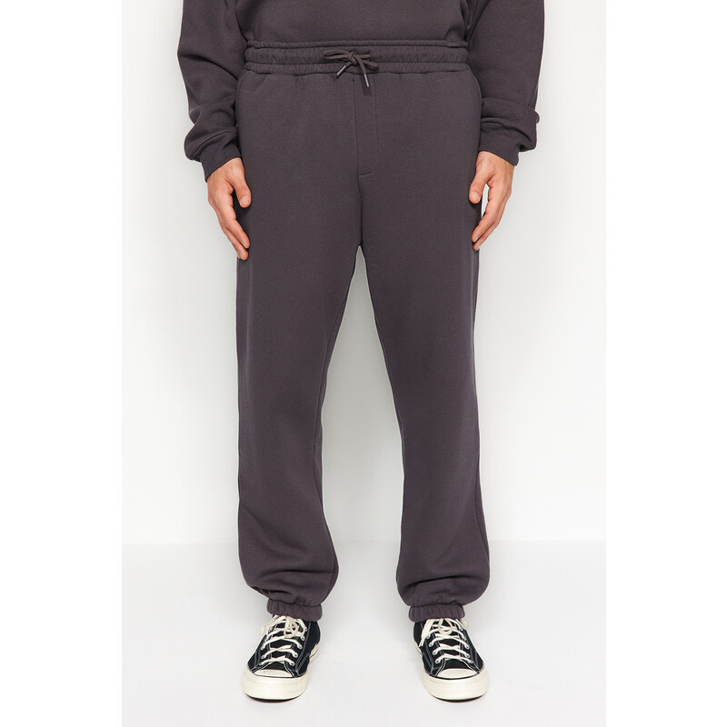 Trendyol Anthracite Men's Tracksuit Set Oversize/Wide Cut Text Printed with Fleece Inside