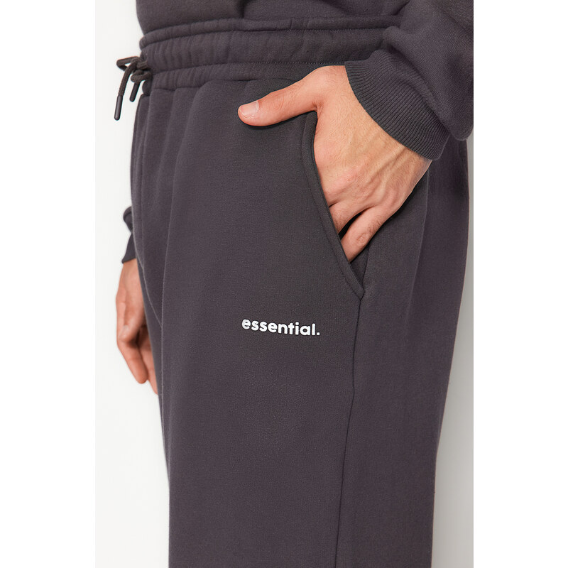 Trendyol Anthracite Men's Tracksuit Set Oversize/Wide Cut Text Printed with Fleece Inside