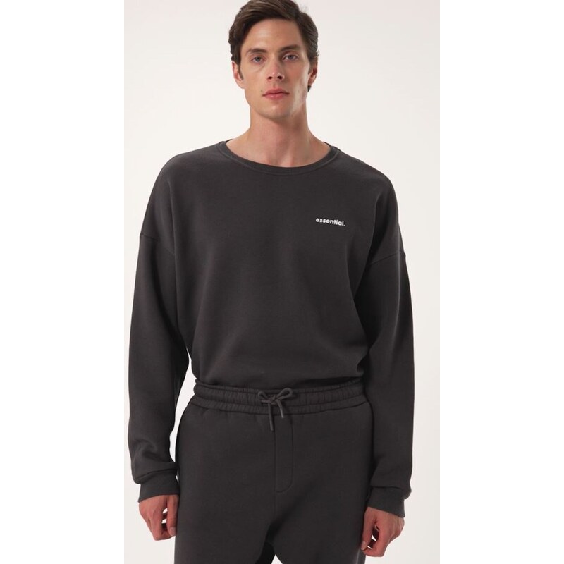 Trendyol Anthracite Men's Tracksuit Set Oversize/Wide Cut Text Printed with Fleece Inside