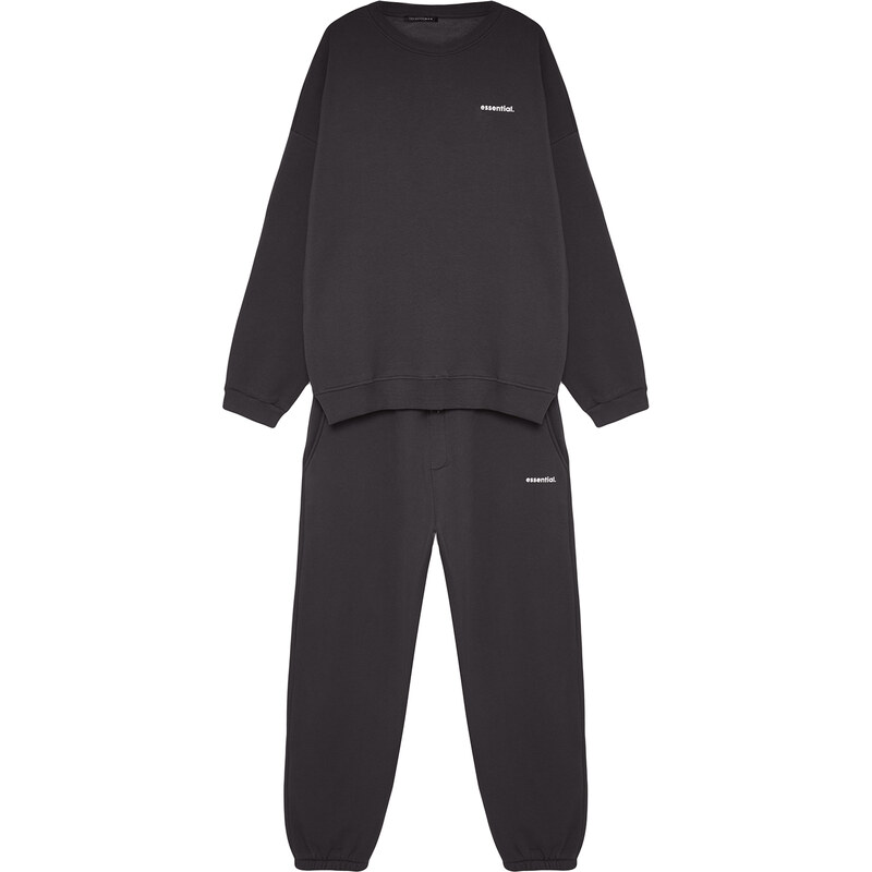 Trendyol Anthracite Men's Tracksuit Set Oversize/Wide Cut Text Printed with Fleece Inside