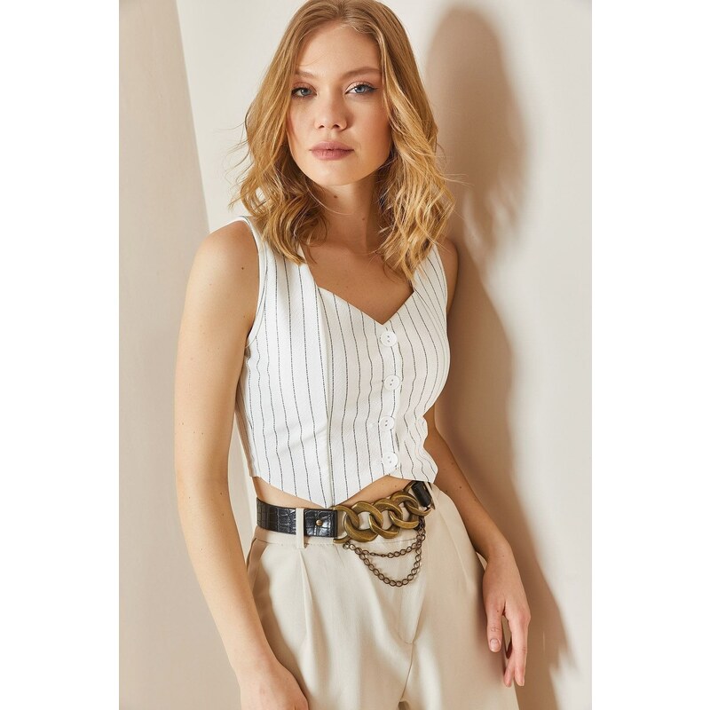 XHAN White Striped Crop Vest