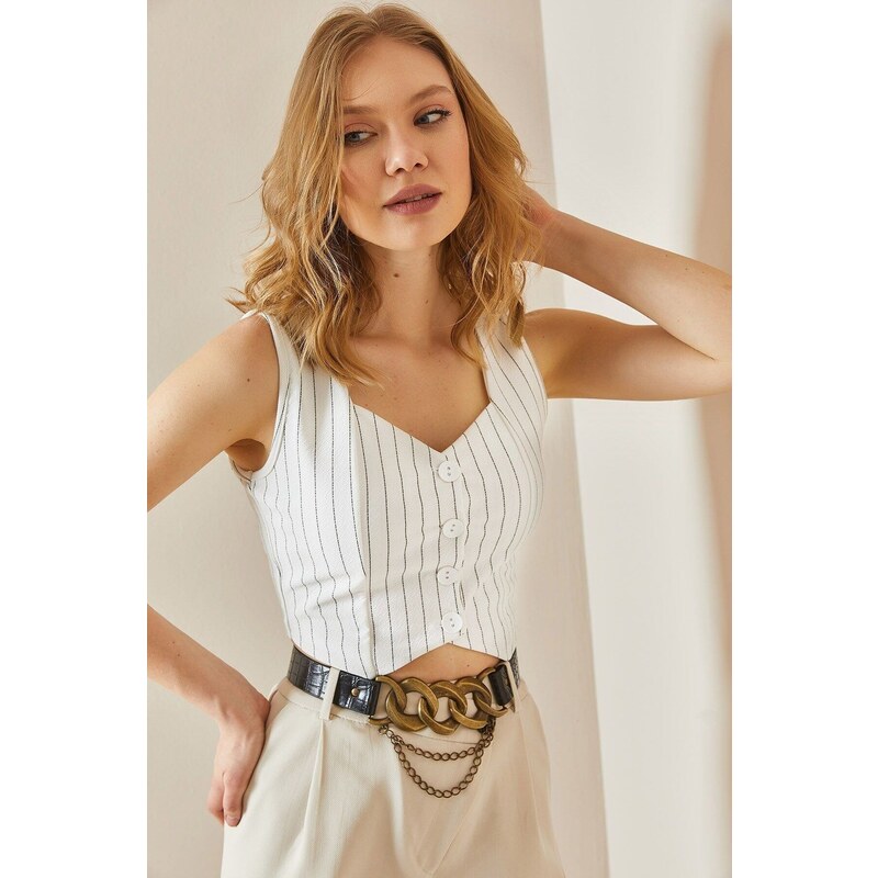 XHAN White Striped Crop Vest