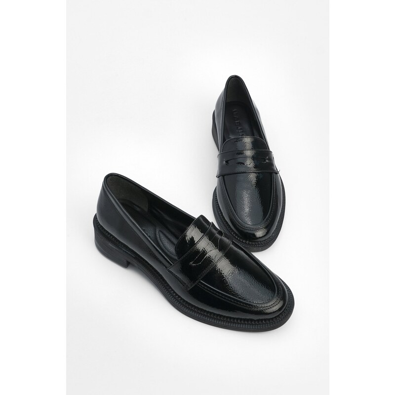 Marjin Celas Black Patent Leather Women's Loafers Casual Shoes