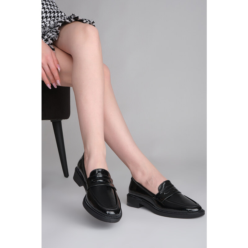 Marjin Celas Black Patent Leather Women's Loafers Casual Shoes