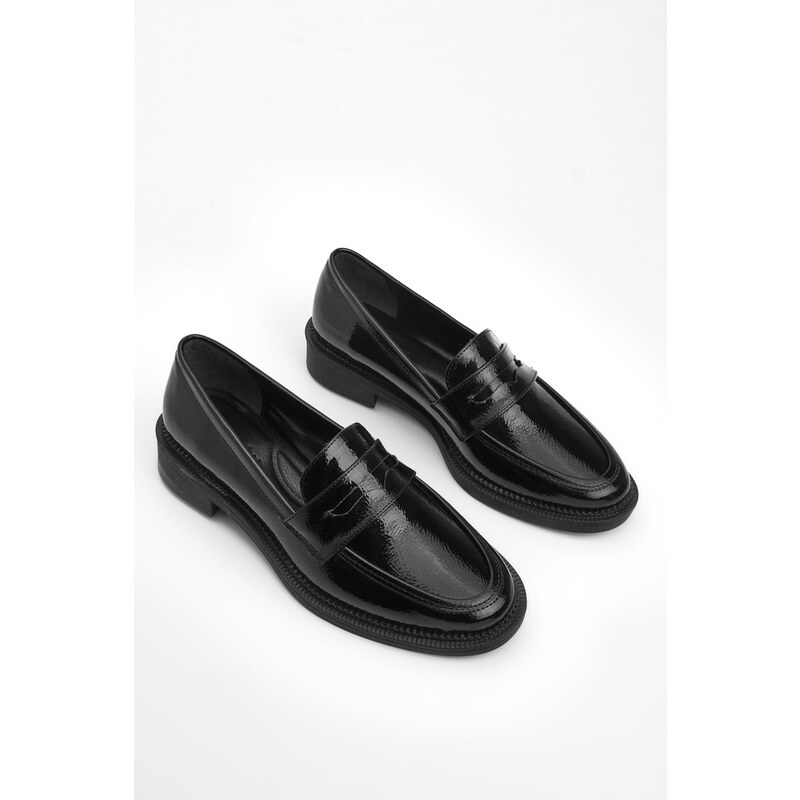 Marjin Celas Black Patent Leather Women's Loafers Casual Shoes