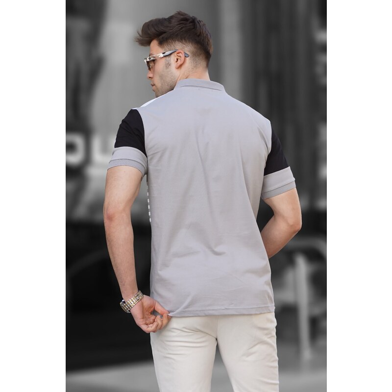 Madmext Men's Striped Gray Polo Collar T-Shirt 5865