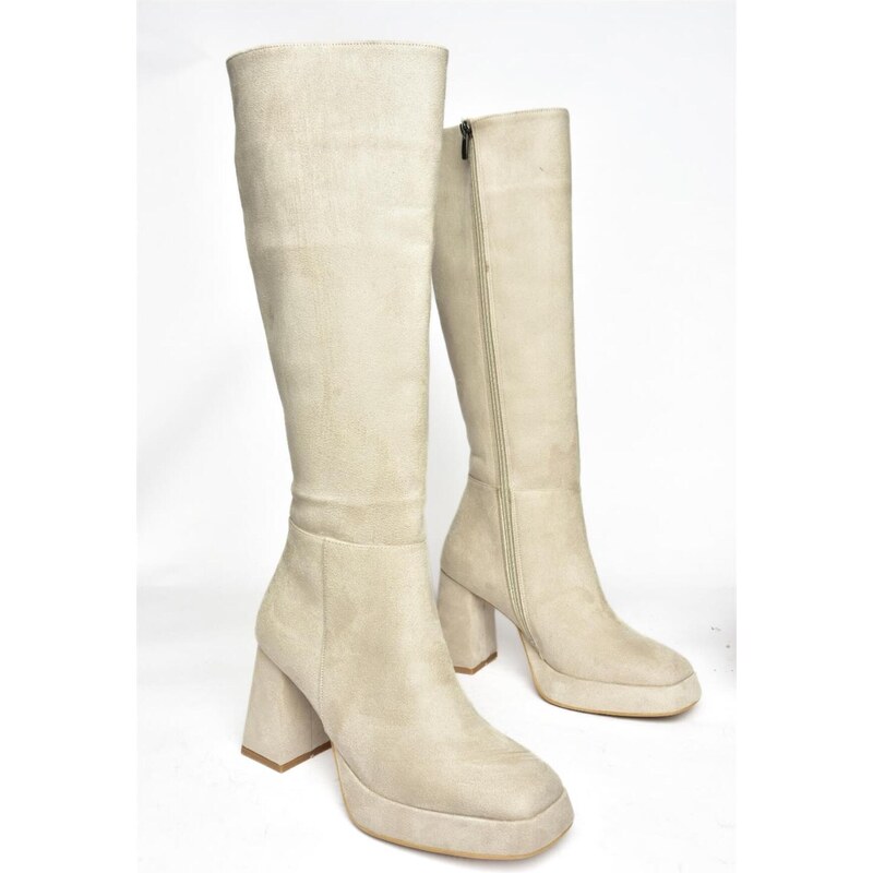 Fox Shoes R282230102 Women's Beige Suede Thick Heeled Boots