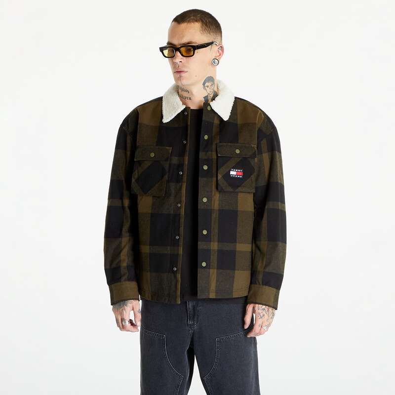 Tommy Hilfiger Pánská bunda Tommy Jeans Check Sherpa Lin Overshirt Green