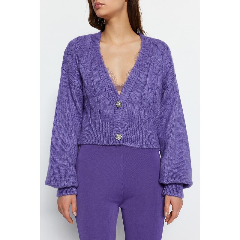 Trendyol Purple Crop Měkký texturovaný pletený svetr