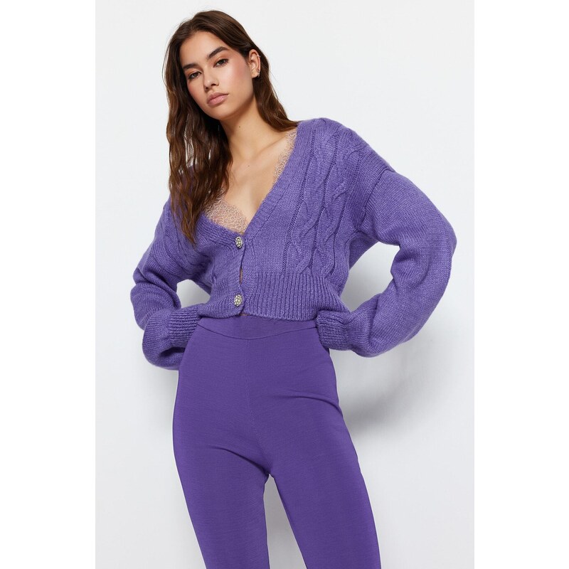 Trendyol Purple Crop Měkký texturovaný pletený svetr