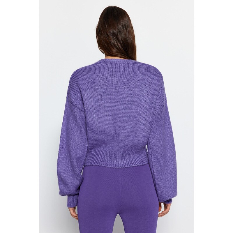 Trendyol Purple Crop Měkký texturovaný pletený svetr