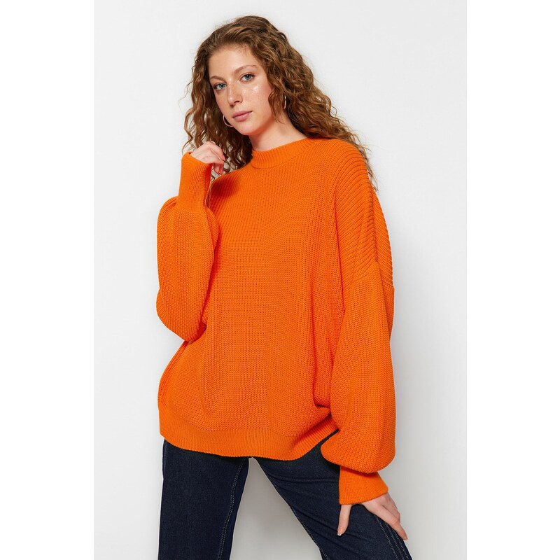 Trendyol Orange Wide Fit Crew Neck Pletený svetr