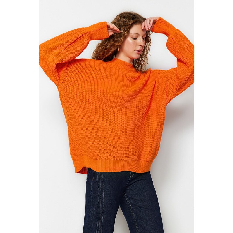 Trendyol Orange Wide Fit Crew Neck Pletený svetr