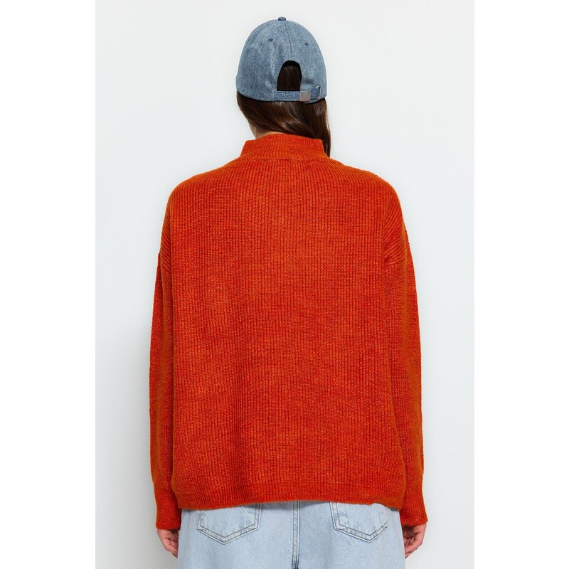 Trendyol Orange Soft Textured Zippered Knitwear Sweater