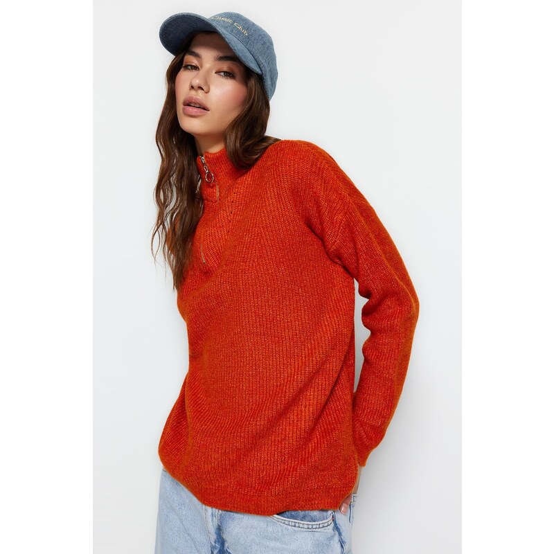 Trendyol Orange Soft Textured Zippered Knitwear Sweater