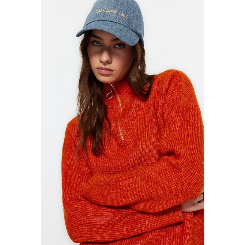 Trendyol Orange Soft Textured Zippered Knitwear Sweater