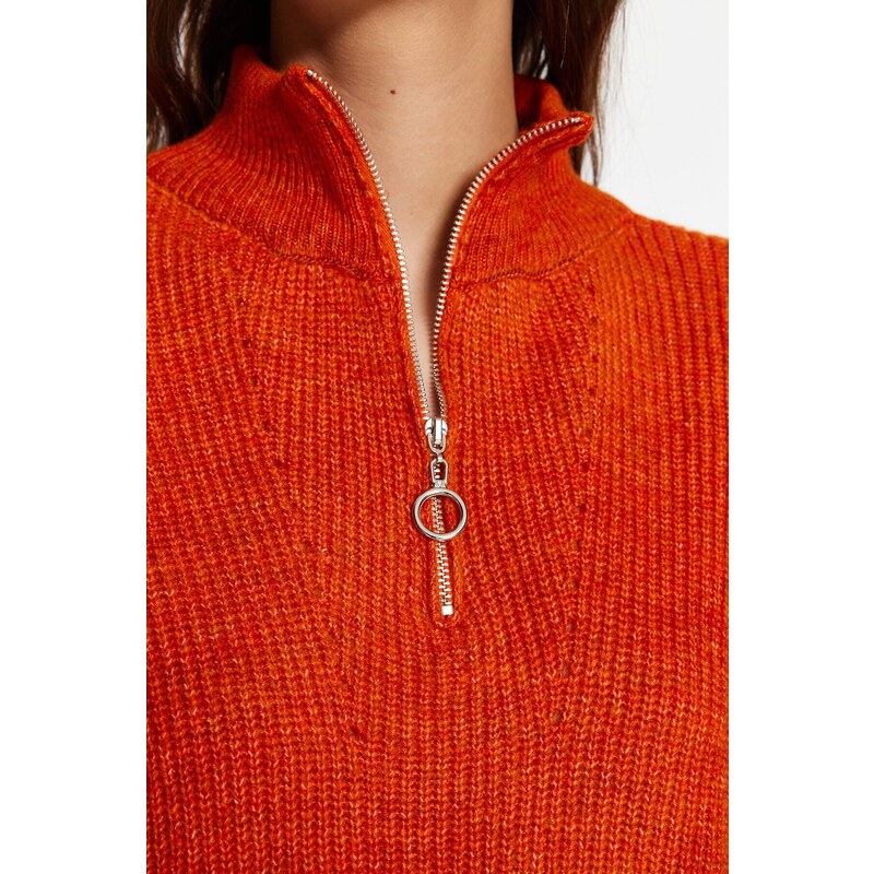 Trendyol Orange Soft Textured Zippered Knitwear Sweater