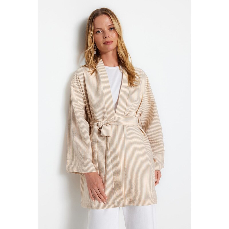 Trendyol Stone Belted Woven Seeer Pruhované kimono & Kaftan