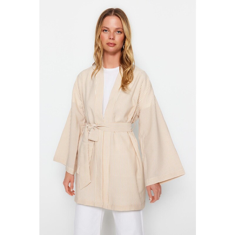 Trendyol Stone Belted Woven Seeer Pruhované kimono & Kaftan