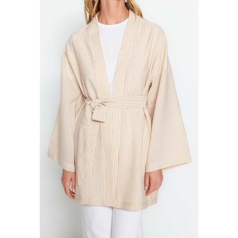 Trendyol Stone Belted Woven Seeer Pruhované kimono & Kaftan