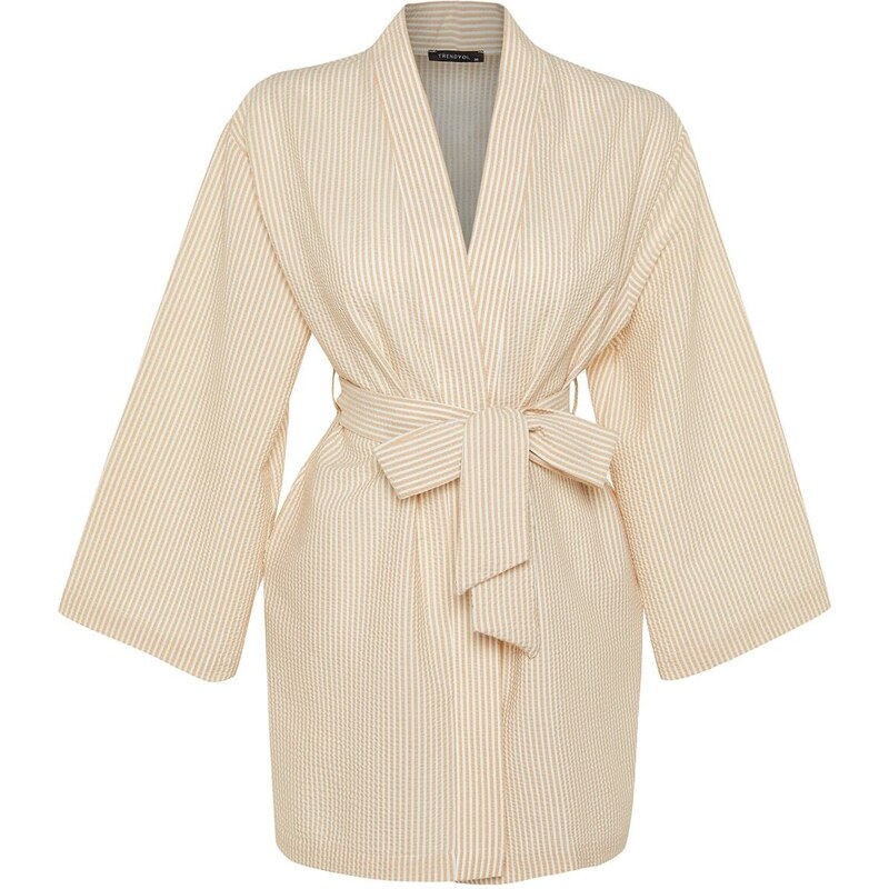 Trendyol Stone Belted Woven Seeer Pruhované kimono & Kaftan