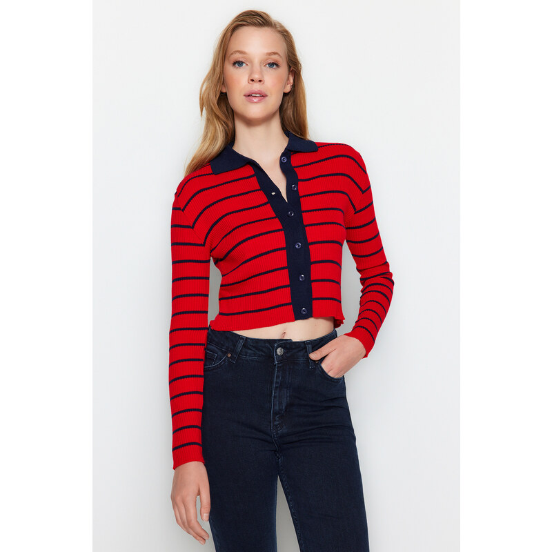 Trendyol Navy Blue Striped Knitwear Cardigan