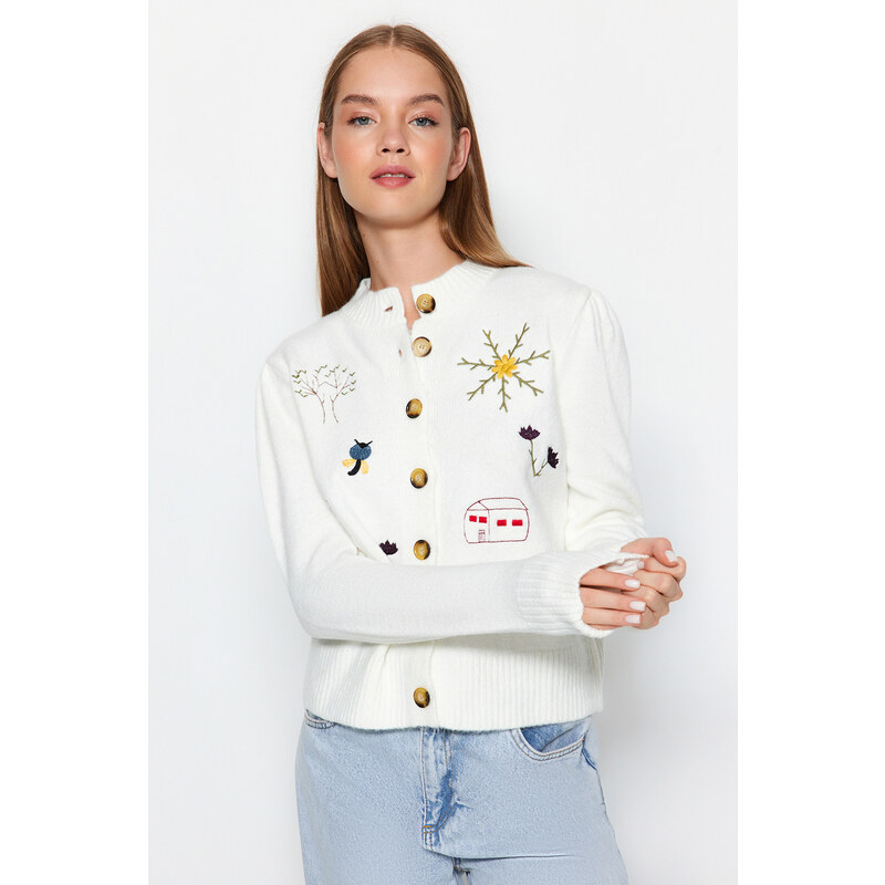 Trendyol Ecru Embroidery Detailed Knitwear Cardigan