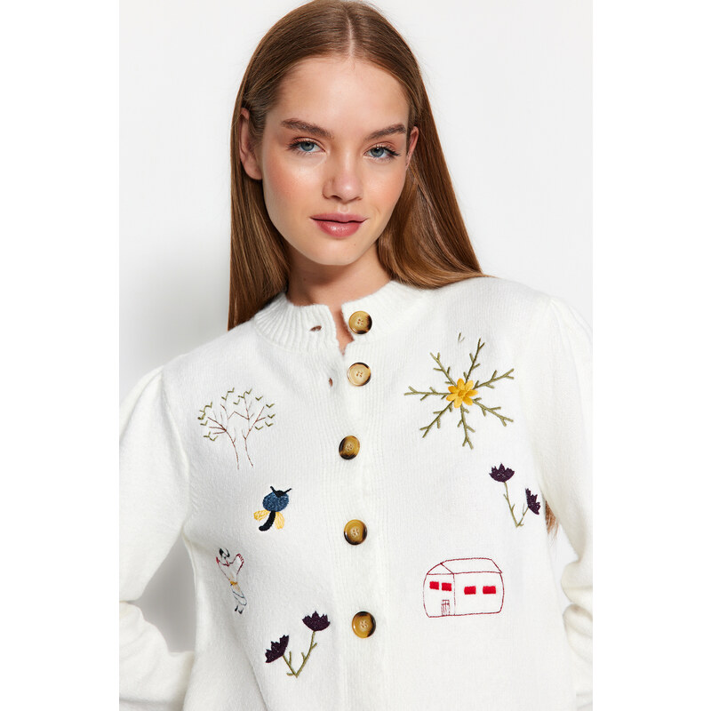 Trendyol Ecru Embroidery Detailed Knitwear Cardigan