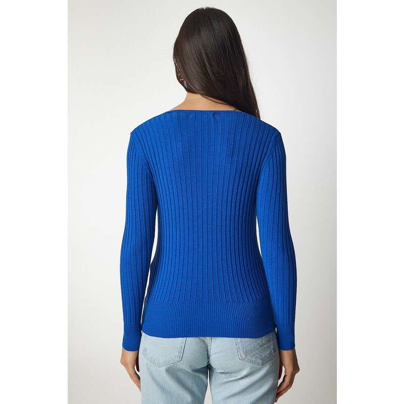 Happiness İstanbul Women's Blue V-Neck Ribbed Basic Blouse