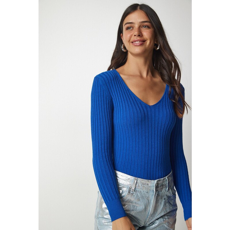 Happiness İstanbul Women's Blue V-Neck Ribbed Basic Blouse