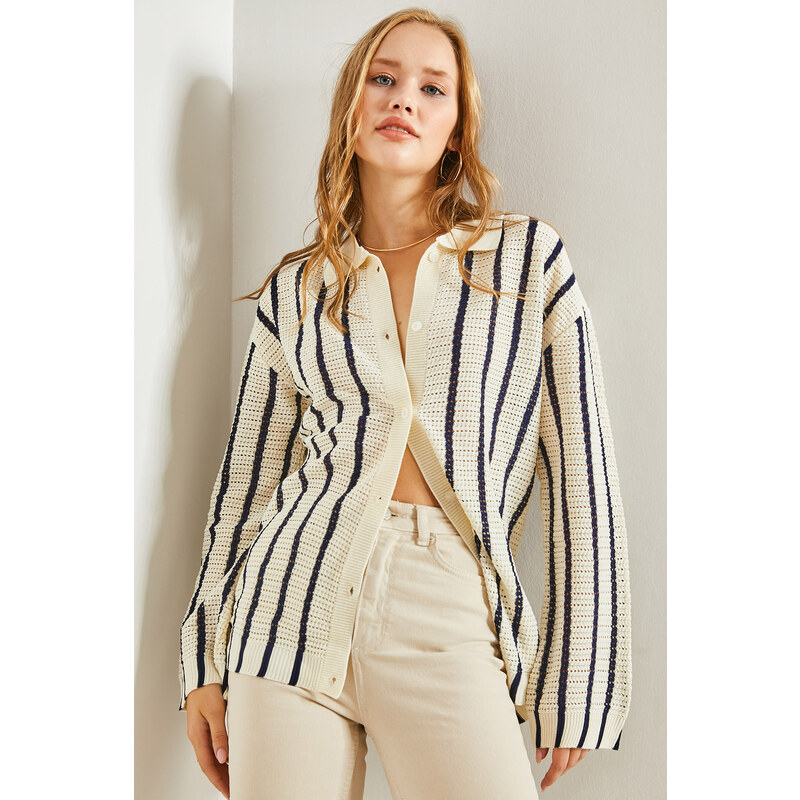 Bianco Lucci Women's Shirt Collar Long Sleeve Striped Cardigan