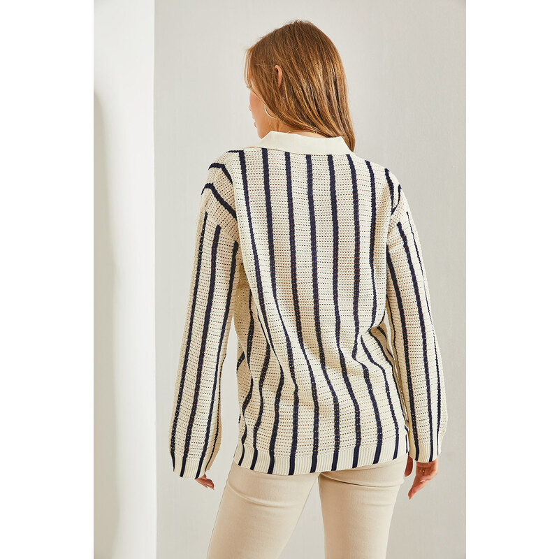 Bianco Lucci Women's Shirt Collar Long Sleeve Striped Cardigan