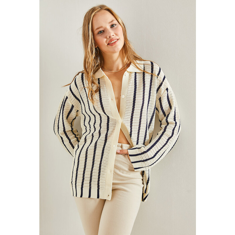 Bianco Lucci Women's Shirt Collar Long Sleeve Striped Cardigan