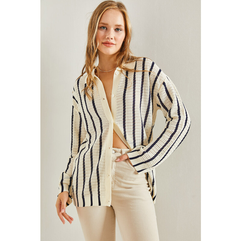 Bianco Lucci Women's Shirt Collar Long Sleeve Striped Cardigan