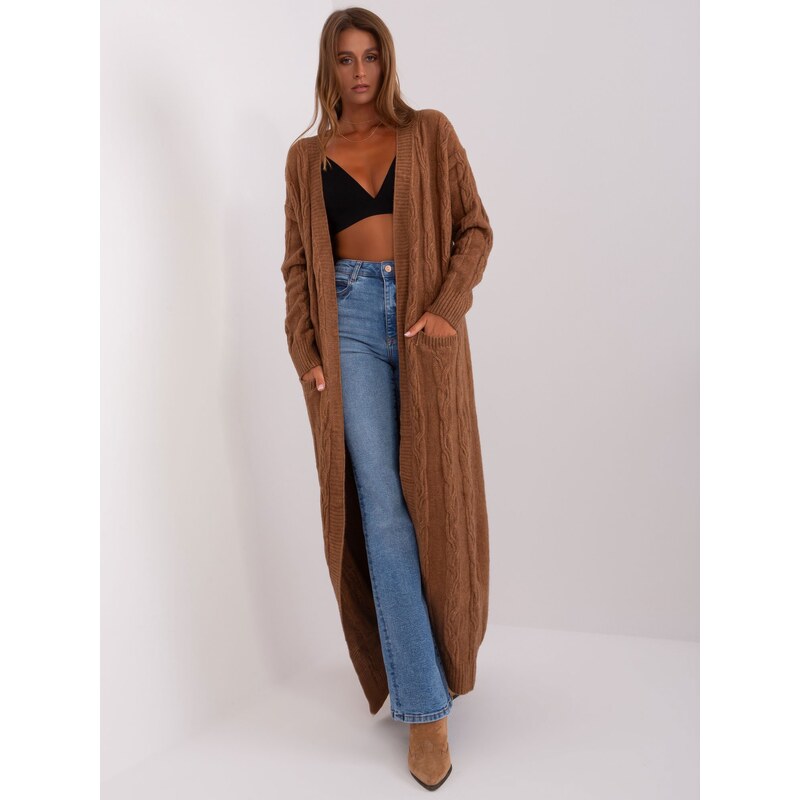 Fashionhunters Hnědý maxi cardigan bez zapínání