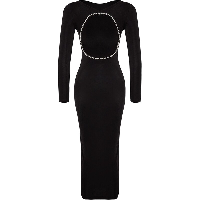 Trendyol černé vypasované pletené elegantní večerní šaty bez podšívky s doplňky