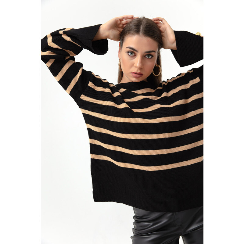 Lafaba Dámský hnědý pruhovaný pletený svetr s lodním výstřihem