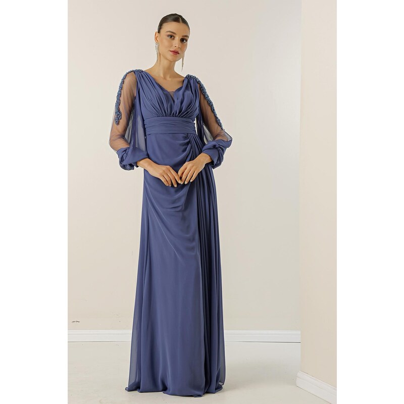 By Saygı V-Neck Long Evening Chiffon Dress with Draping and Lined Sleeves.