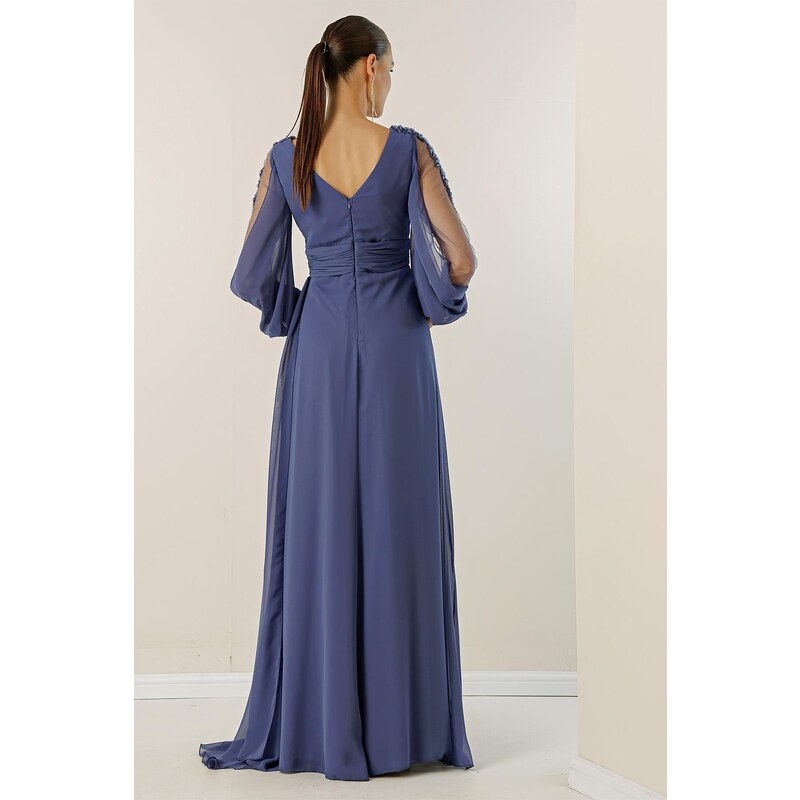 By Saygı V-Neck Long Evening Chiffon Dress with Draping and Lined Sleeves.