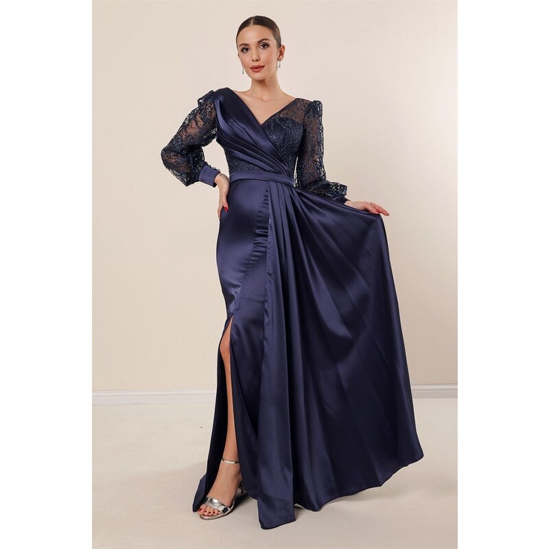 By Saygı Navy Blue Double Breasted Collar Sleeve Tulle Glitter Embroidered Front Pleated Lined Long Satin Dress