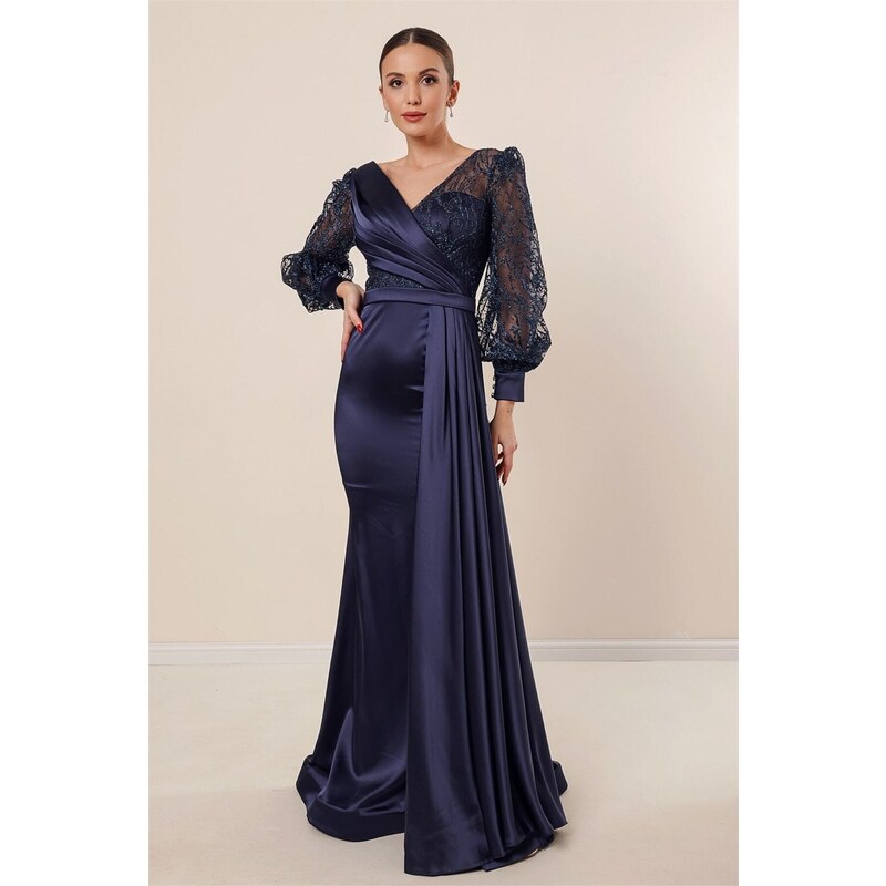 By Saygı Navy Blue Double Breasted Collar Sleeve Tulle Glitter Embroidered Front Pleated Lined Long Satin Dress