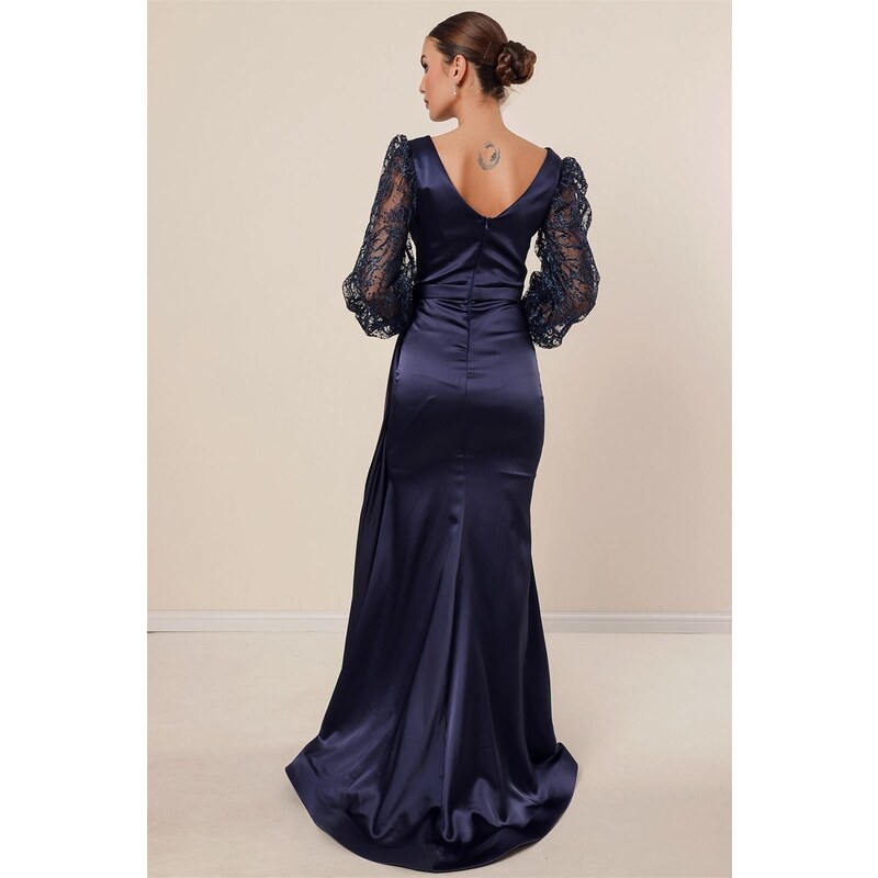 By Saygı Navy Blue Double Breasted Collar Sleeve Tulle Glitter Embroidered Front Pleated Lined Long Satin Dress