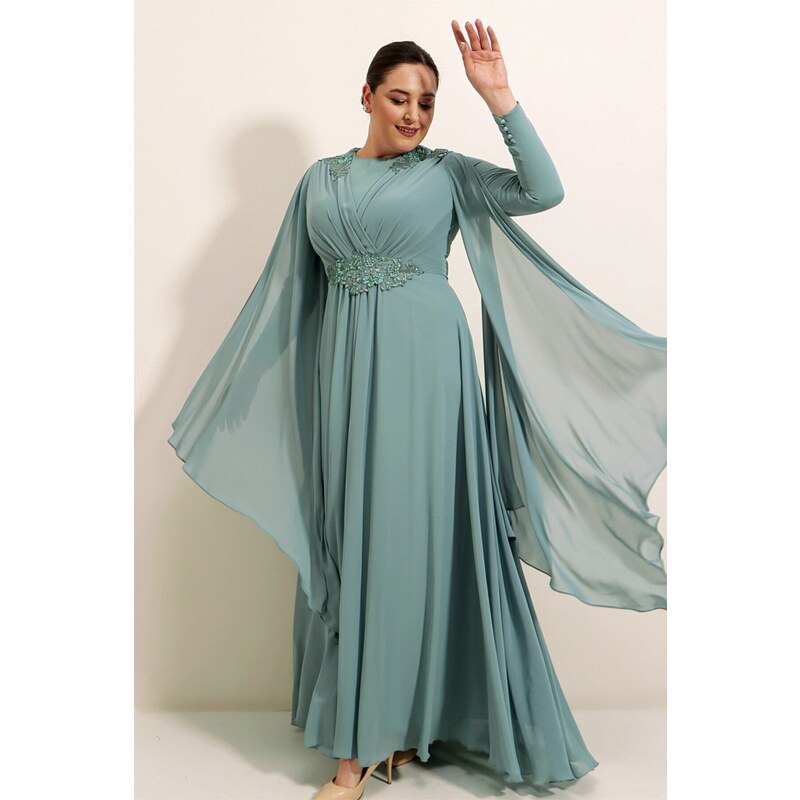 By Saygı Beading Embellishment on the Shoulders And Waist Pleated Long B.B Chiffon Dress